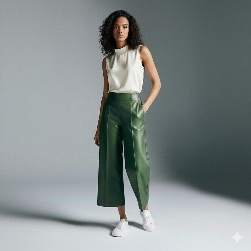 Maeve Faux Leather Wide Leg‎ Cropped Pants Olive Green High Waisted Size 9